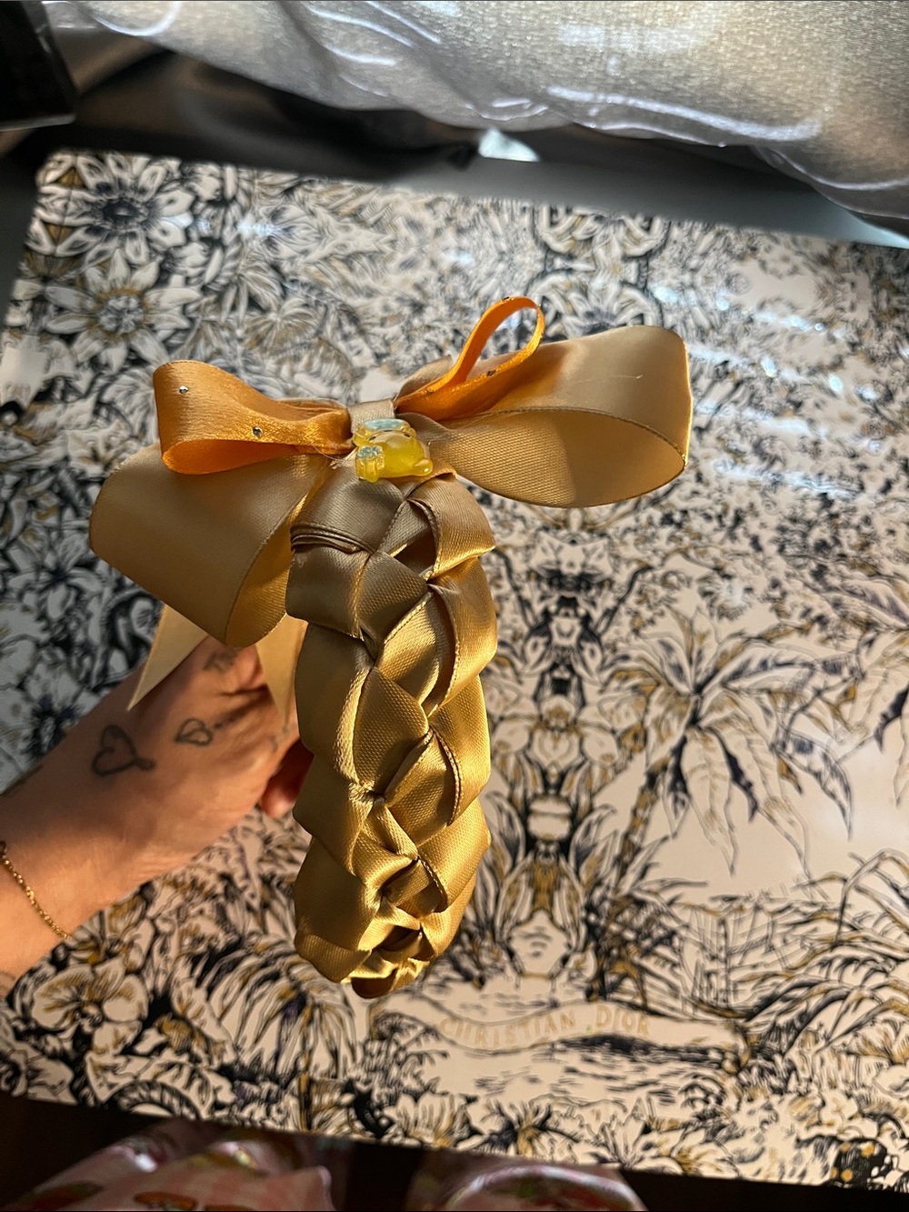 Handmade Gold Satin Bow Headband With Charm - Picture 3 of 3